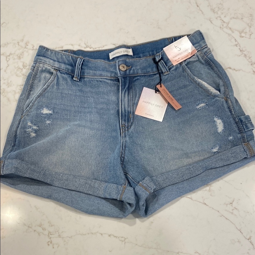 Happily Grey Denim Shorts | High Rise Distressed Cuffed | 27